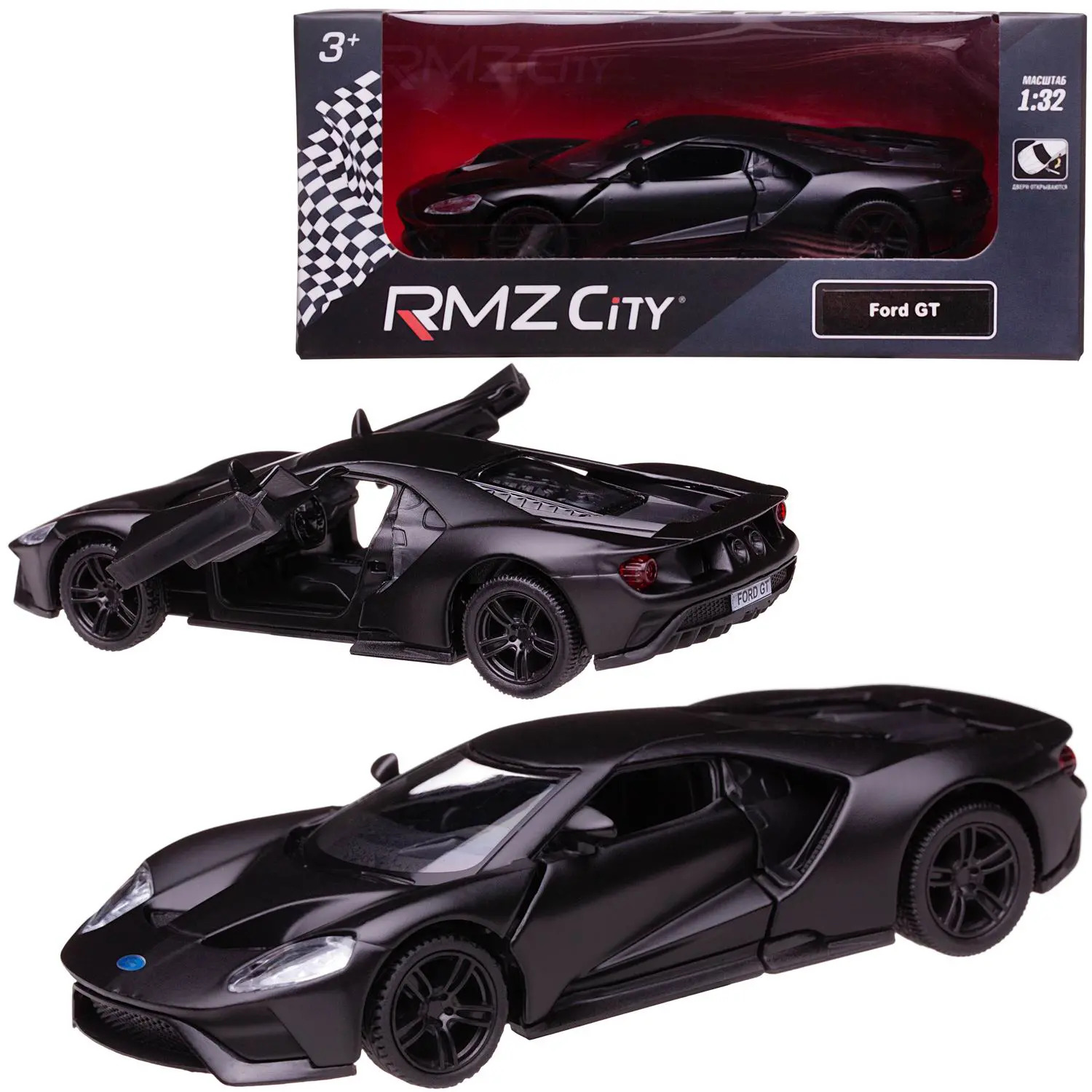 Машина металлическая RMZ City серия 1:32 Ford GT 2019, черный матовый цвет,  двери открываются