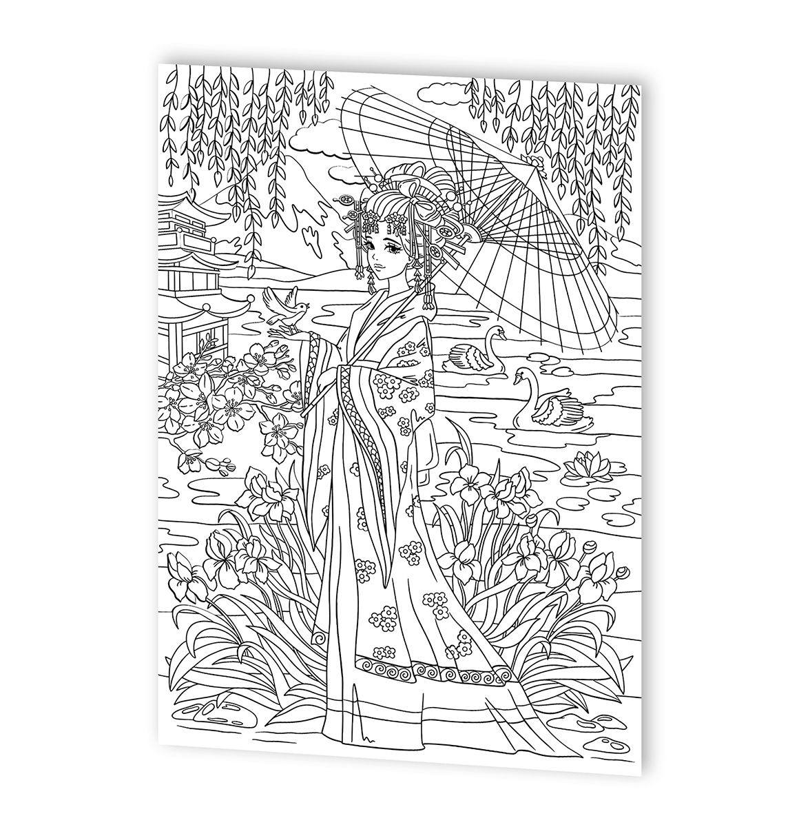 Молодая женщина в кимоно - Раскраски девушки Распечатать и Онлайн